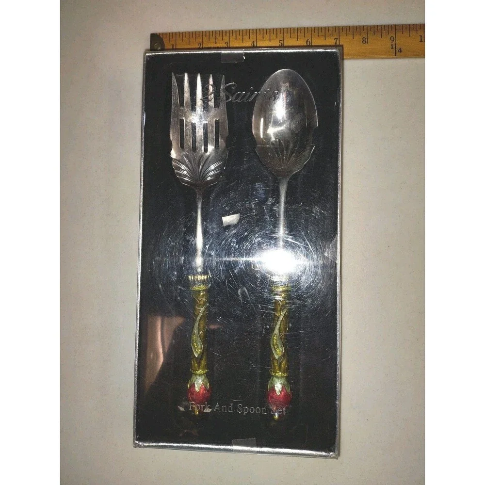 Sainish Ornate Floral Serving Set - Large Fork & Spoon - Jeweled Enamel Handles